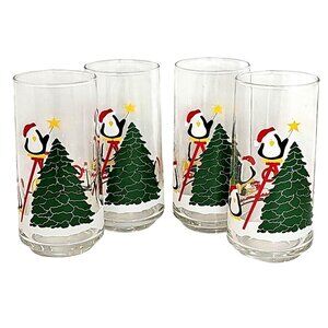 Christmas Tree & Penguins Glass Tumbler 6" holiday Santa hat 14oz set of 4